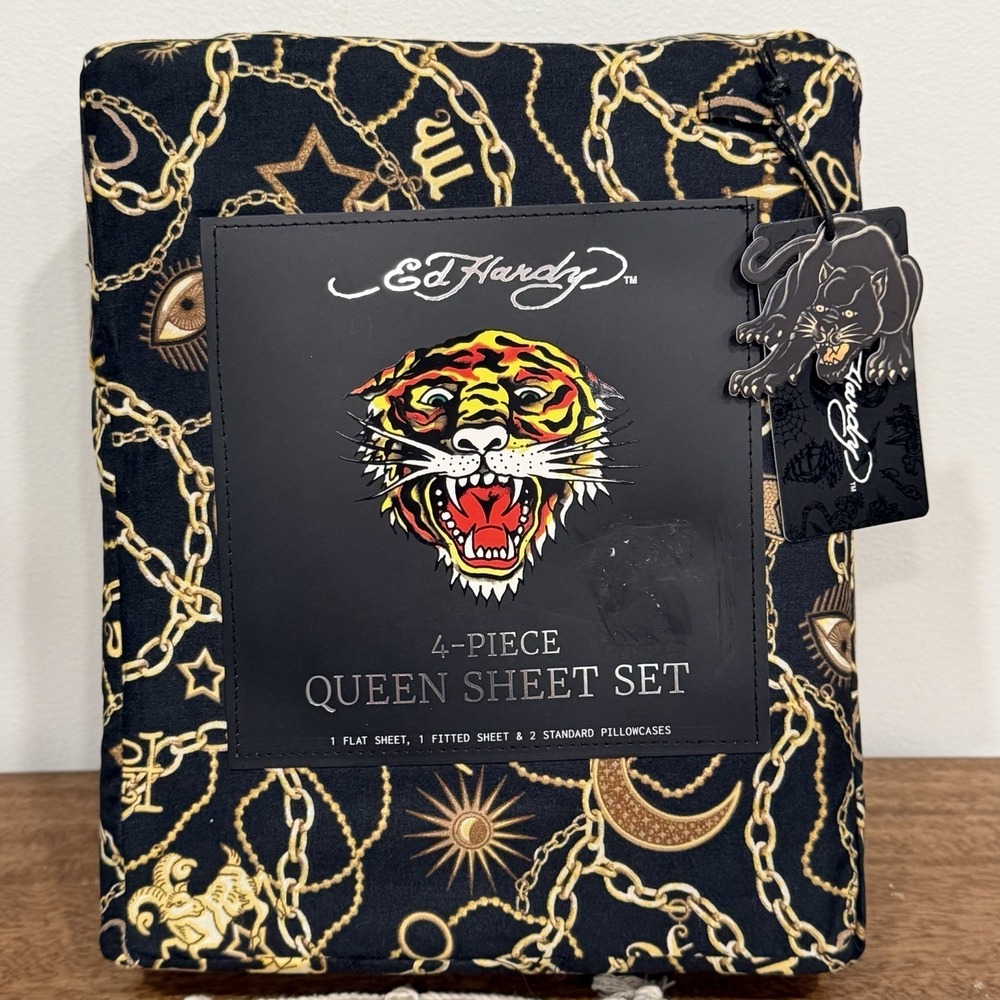 Ed Hardy 4pc Queen Sheet Set Black & Gold Charm Chains Sun Moon Eye Design NEW